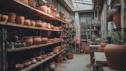 Cozy Pottery Studio Filled with Handcrafted Clay Pots and Natural Light, Showcasing the Art of Ceramic Creation and Design in an Inviting Environment