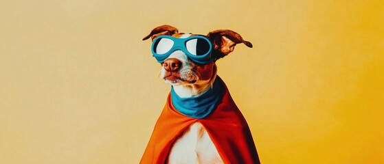 Super Dog Posing in Superhero Cape and Goggles on Yellow Background