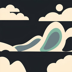 
Abstract Illustration Featuring Waves, Clouds, and Sun in Stylish Minimalist Design