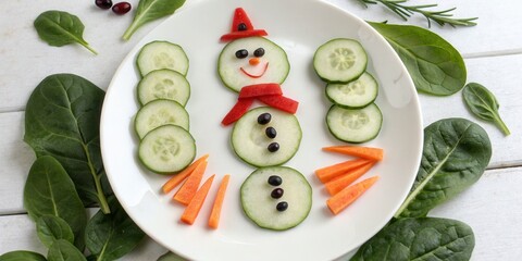 Healthy Snowman Made from Fresh Vegetables on White Plate