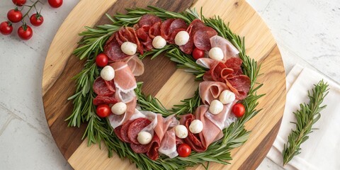 Christmas Wreath Made of Cured Meats, Mozzarella, and Rosemary