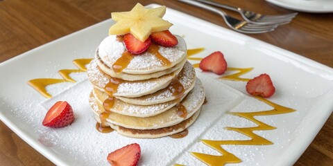 Stack of Pancakes with Fruit and Caramel in Holiday Style