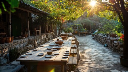 Tranquil Outdoor Dining Area Surrounded by Nature with Rustic Tables and Sunlight Filtering Through Green Foliage in a Serene Environment