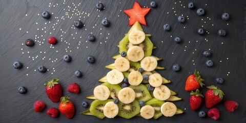 Christmas Tree Shape Made from Fresh Fruits on Dark Background