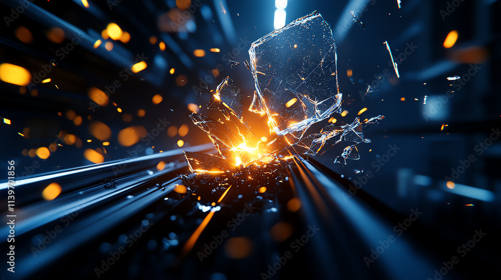 Aufkleber dynamic explosion of light and shards, showcasing energy and motion in a high-tech environment.