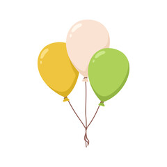 Balloons tied in bunch. Festive air baloons on string, holiday decoration for party celebration. Helium ballons decor flying, soaring up. Flat vector illustration isolated on white background © Good Studio