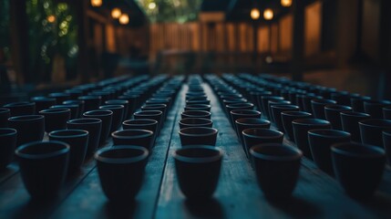 Obraz premium A Close-Up View of Numerous Traditional Tea Cups Arranged on a Wooden Table in a Serene Outdoor Setting Surrounded by Nature and Soft Lighting