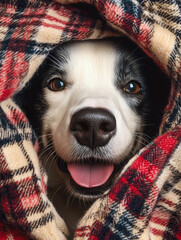 Obraz na płótnie Canvas Dog hiding under the plaid in winter