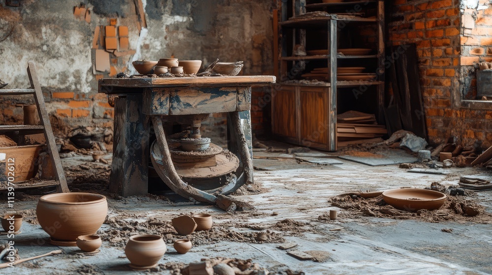 Poster rustic pottery workshop with clay and tools in an artistic space filled with earthy tones and textur