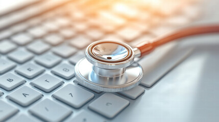 Stethoscope on a white keyboard, close-up, a computer technology concept of online medical or digital health services