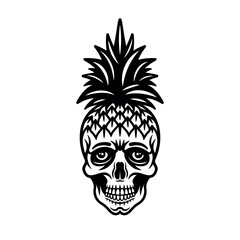Skull pineapple cartoon character, summer theme vector illustration monochrome style isolated on white background