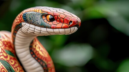 Obraz premium The Year of the Snake in the Chinese Zodiac Concept, Elegant Snake Sculpture Adorned with Traditional Chinese Patterns and Colors in a Lush Green Background