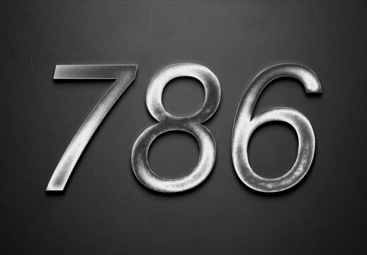 Chrome metal 3D number design of 786 on grey background.