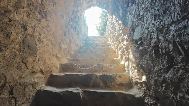 Stairs beneath Pari Mahal, (Palace) showcasing medieval architecture and a stone wall, inviting exploration of historical beauty