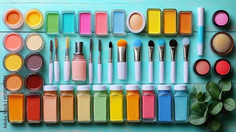 Poster a vibrant array of paints, brushes, and tools arranged neatly for artistic creation.