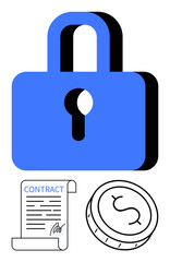 Blue lock with keyhole, contract document, and coin with dollar sign. Ideal for financial security, legal agreements, confidential transactions, privacy, data protection, legal matters monetary