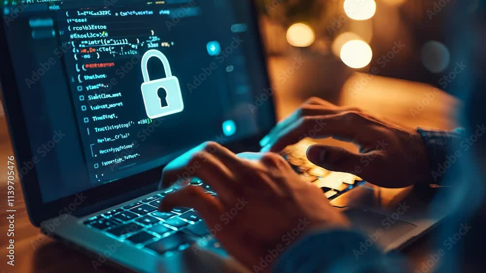 Poster closeup of a man using a laptop displaying a lock icon, symbolizing online security and data protect