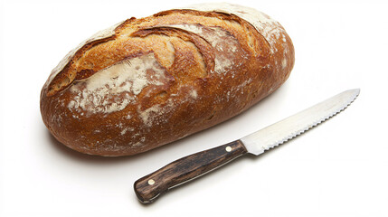 closeup of a freshly baked loaf of bread with a wooden handled bread knife on a white background