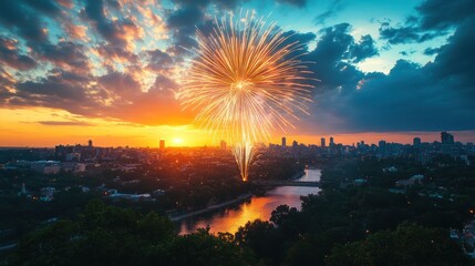 A vibrant sunset with fireworks illuminating a city skyline over a river.