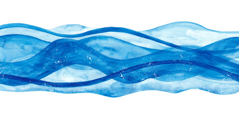 River in Watercolor Style Hand Painted. Abstract horizontal banner with waves. Blue water isolated on white background. Sea frame. Ocean minimal view