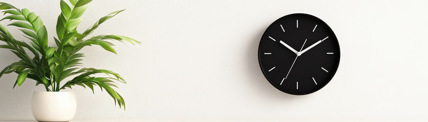 A stylish black wall clock and a green plant enhance modern interior decor.