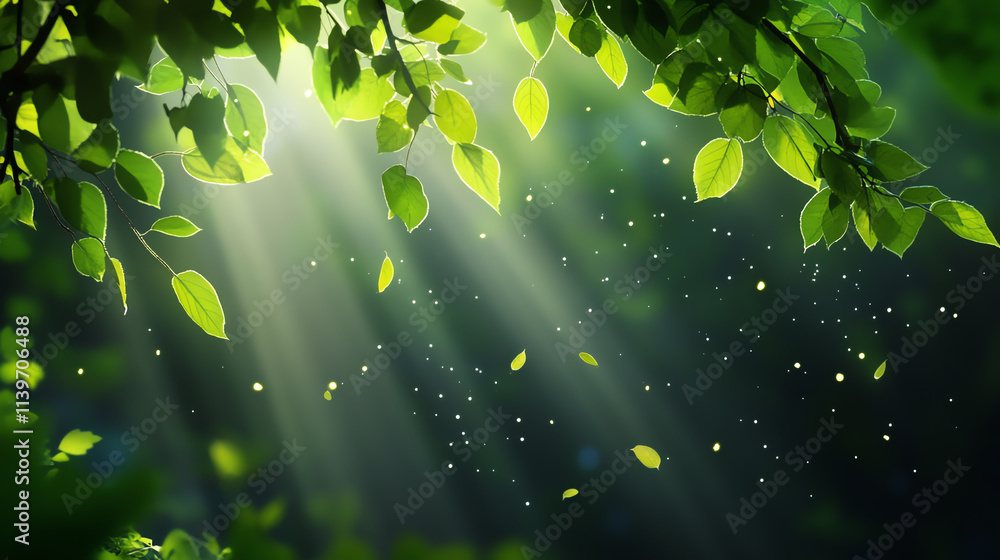 Poster Sunlight filters through green leaves, creating a serene and tranquil atmosphere.