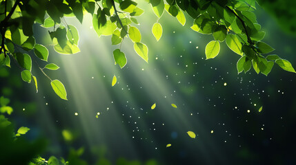 Sunlight filters through green leaves, creating a serene and tranquil atmosphere.