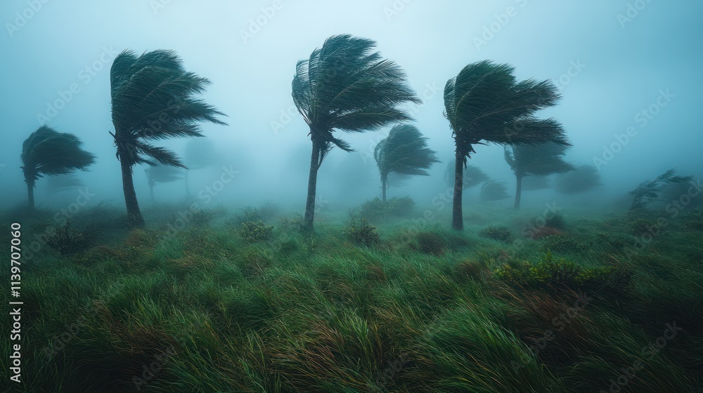 Poster a misty landscape with swaying trees in strong winds, creating a moody atmosphere.