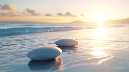 Two smooth stones on a tranquil beach at sunrise. Serenity, peace, and mindfulness.