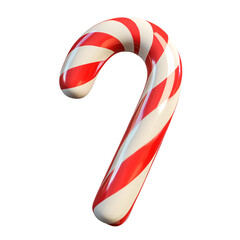 3d candy cane with red and white stripes isolated on transparent background.