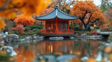 Fototapeta premium Autumn scene with orange pagoda by reflective pond.