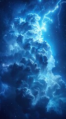 Fototapeta premium A vibrant depiction of swirling blue clouds illuminated by cosmic light in a starry background.