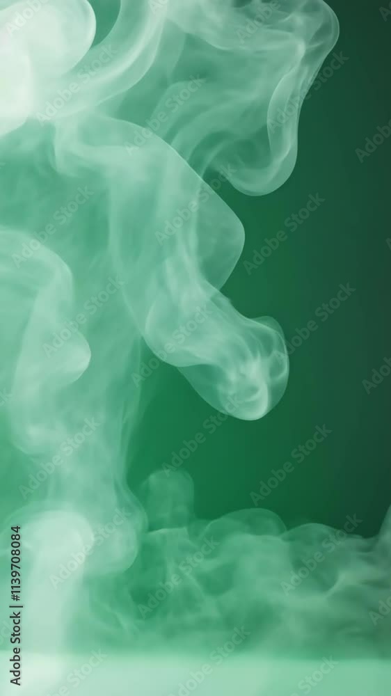 Poster wispy green smoke forms swirling patterns against a dark background in a creative display