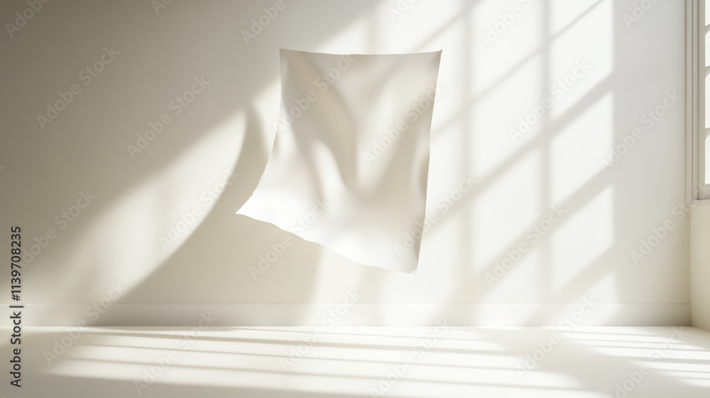 Poster a soft fabric elegantly suspended in a sunlit room with shadow patterns.