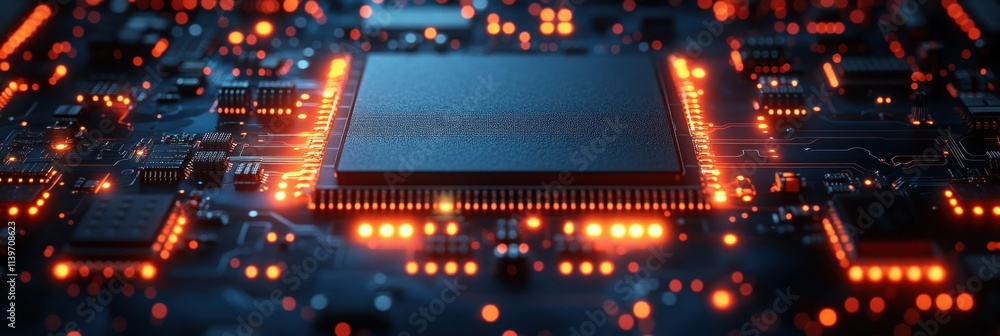 Poster close-up of a circuit board with glowing components, highlighting technology and innovation.