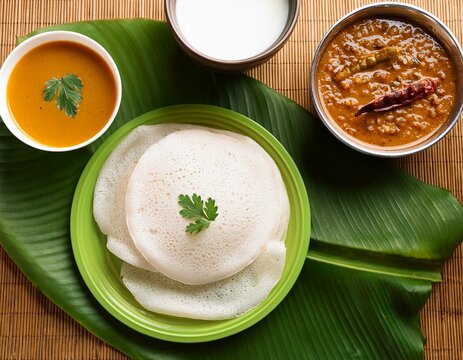 Kerala Appam with Kadala Curry tea on banana leaf, top view. Generated image
