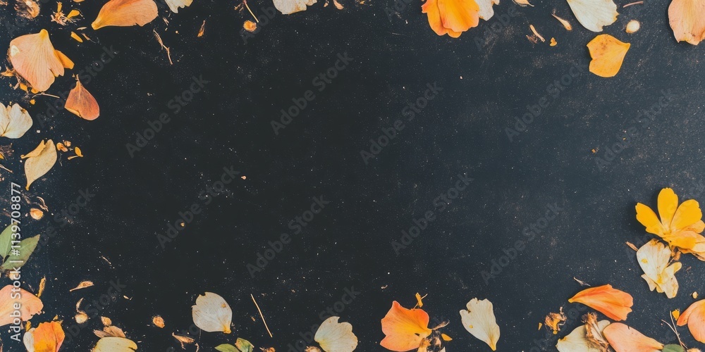 Poster petals scattered around a contrasting empty space creating a serene and decorative banner
