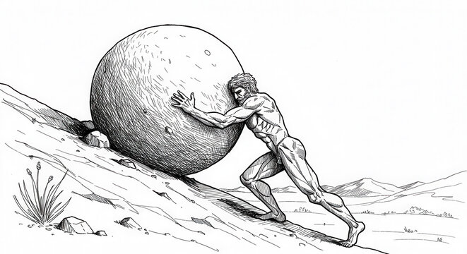 pen and ink line drawing of Sisyphus rolling large boulder uphill uphill
