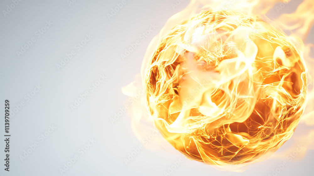 Poster an abstract representation of a glowing, fiery sphere against a minimal background.