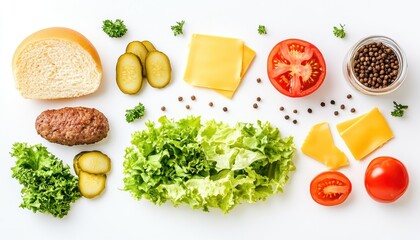Delicious Homemade Burger Ingredients Flat Lay Photography:  A mouthwatering arrangement of fresh burger components, showcasing the perfect blend of textures and colors.