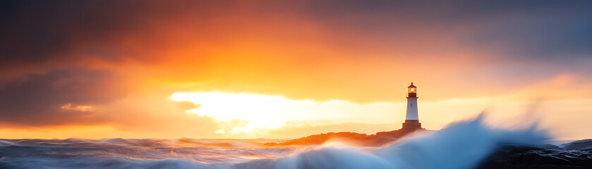 Fototapeta premium A stunning sunset view over the ocean, featuring a lighthouse amid crashing waves.
