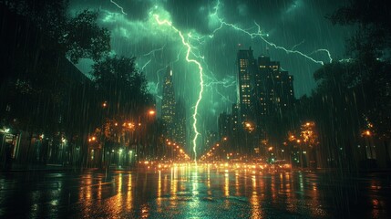A dramatic urban scene illuminated by lightning during a heavy rainstorm.