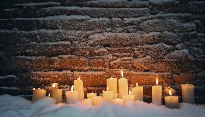 冬・雪の降り積もった古いビンテージの煉瓦の壁の背景壁紙　儀式のように手前に並んだキャンドルと炎の灯ったろうそくの光　新年・クリスマス・年末・年始・正月・お祝いの風景