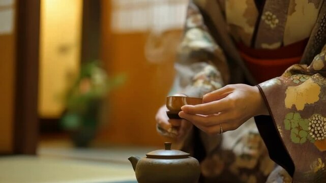 A close-up of hands preparing tea during a traditional Japanese tea ceremony, featuring a teapot and elegant kimono