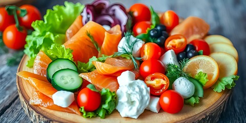A delectable appetizer platter featuring smoked salmon, fresh mozzarella, juicy cherry tomatoes, crisp cucumbers, and segments of citrus fruit, artfully arranged on a rustic wooden board.