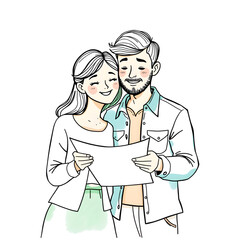 Happy Couple Planning Adventure: A charming hand-drawn illustration of a young couple joyfully reviewing a map, embarking on a journey together.  Their shared excitement and anticipation are palpable.