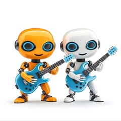 Fototapeta premium Cute Cartoon Robots Playing Electric Guitars in Colorful Design