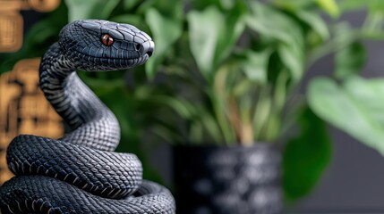 Fototapeta premium The Year of the Snake in the Chinese Zodiac Concept, Serpent Art Blending Traditional Chinese Calligraphy with Modern Aesthetics and Lush Greenery in Background