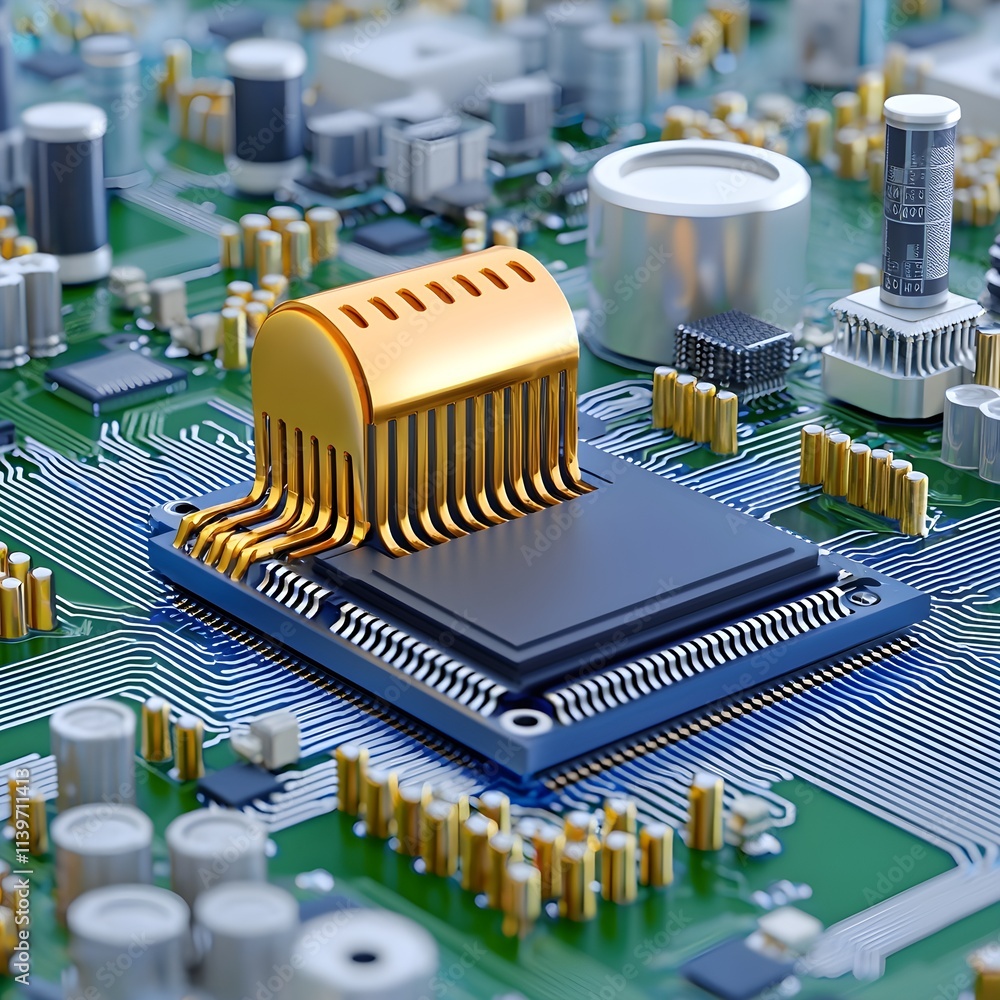Poster circuit board with microchip and cooling element in close-up view
