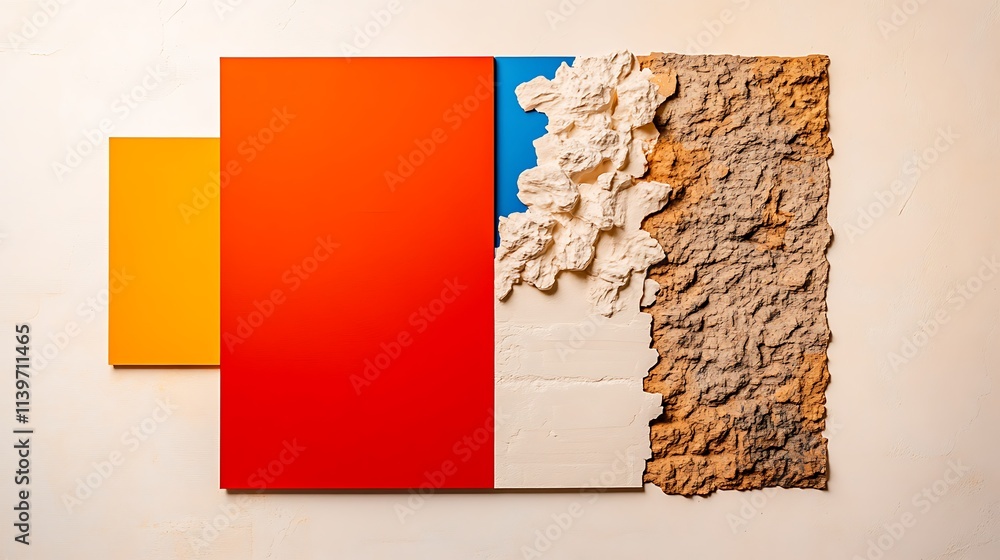 Poster opposition in abstract art, fragmented canvas with bold color blocks and texture
